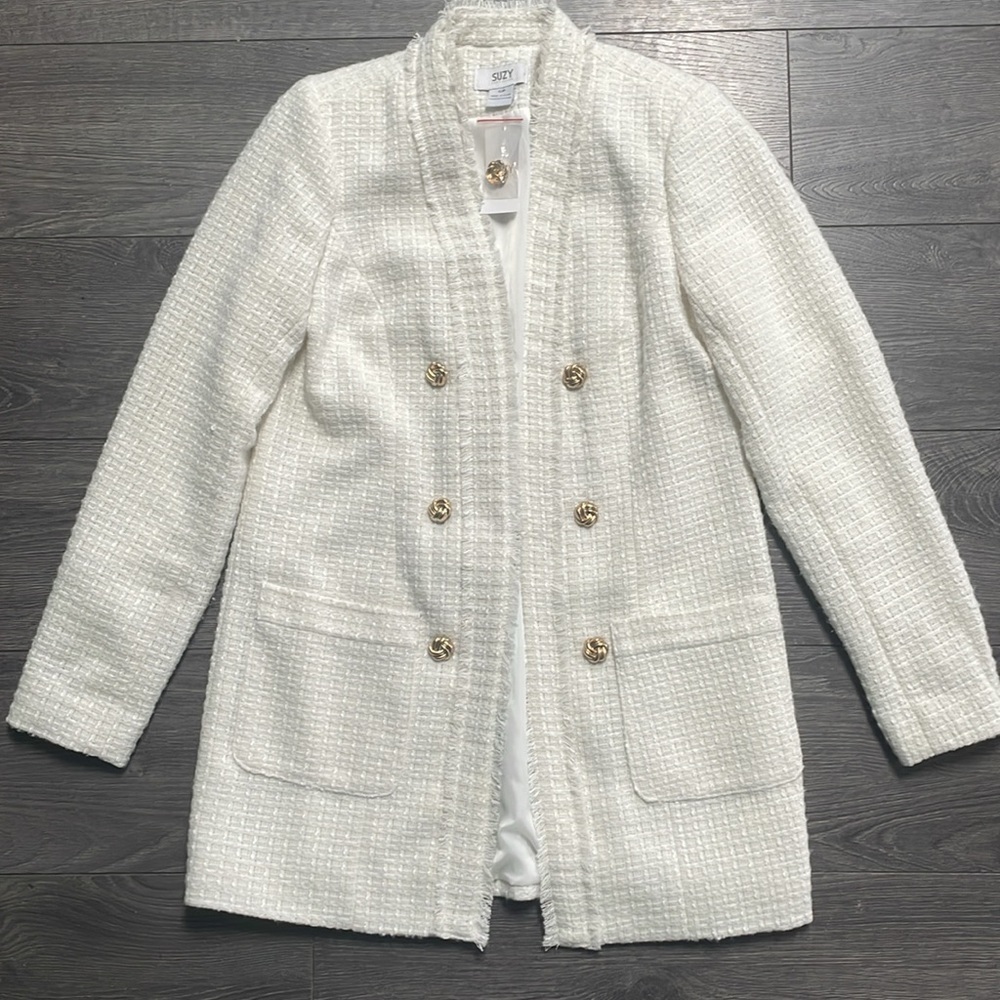 NWTS Suzy Shier Long Open Boucle Blazer jacket With Fringe gold buttons